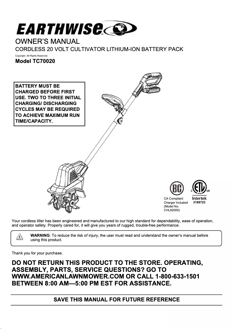 Page 1 de la notice Manuel utilisateur Earthwise TC70020IT