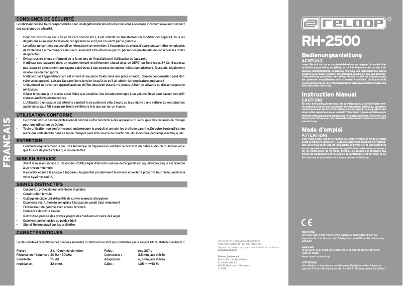 Page n°1 - Manuel utilisateur Reloop RH-2500