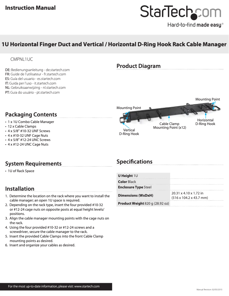 Page n°1 - Manuel utilisateur StarTech.com CMPNL1UC