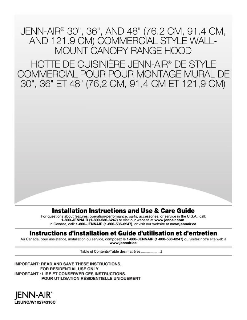 Page 1 de la notice Manuel d'utilisation et d'entretien JennAir JXW9030WP
