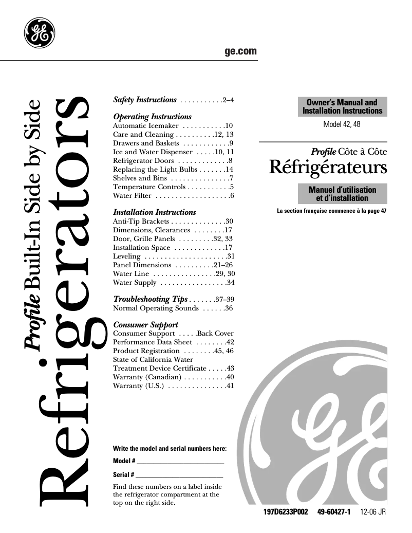 Page 1 de la notice Manuel d'utilisation et d'entretien GE PSB48LGRBV