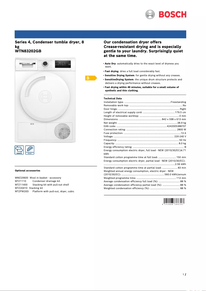 Página 1 del manual Ficha técnica Bosch WTN83202GB