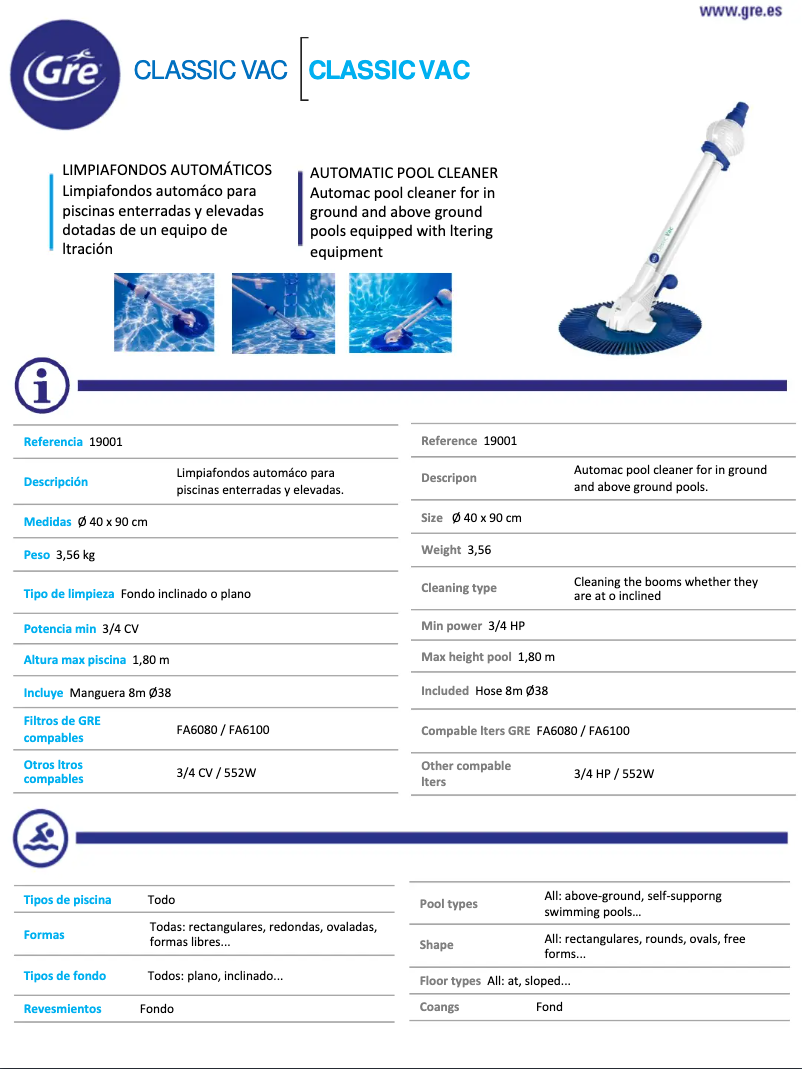 Página 1 del manual Ficha técnica Gre 19001