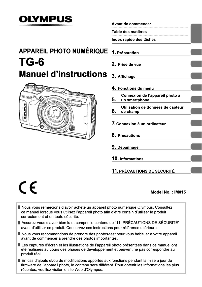 Page 1 de la notice Manuel utilisateur Olympus TG‑6