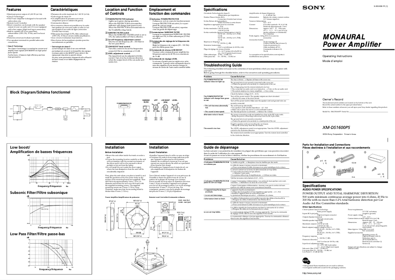 Page 1 de la notice Manuel utilisateur Sony XM-DS1600P5