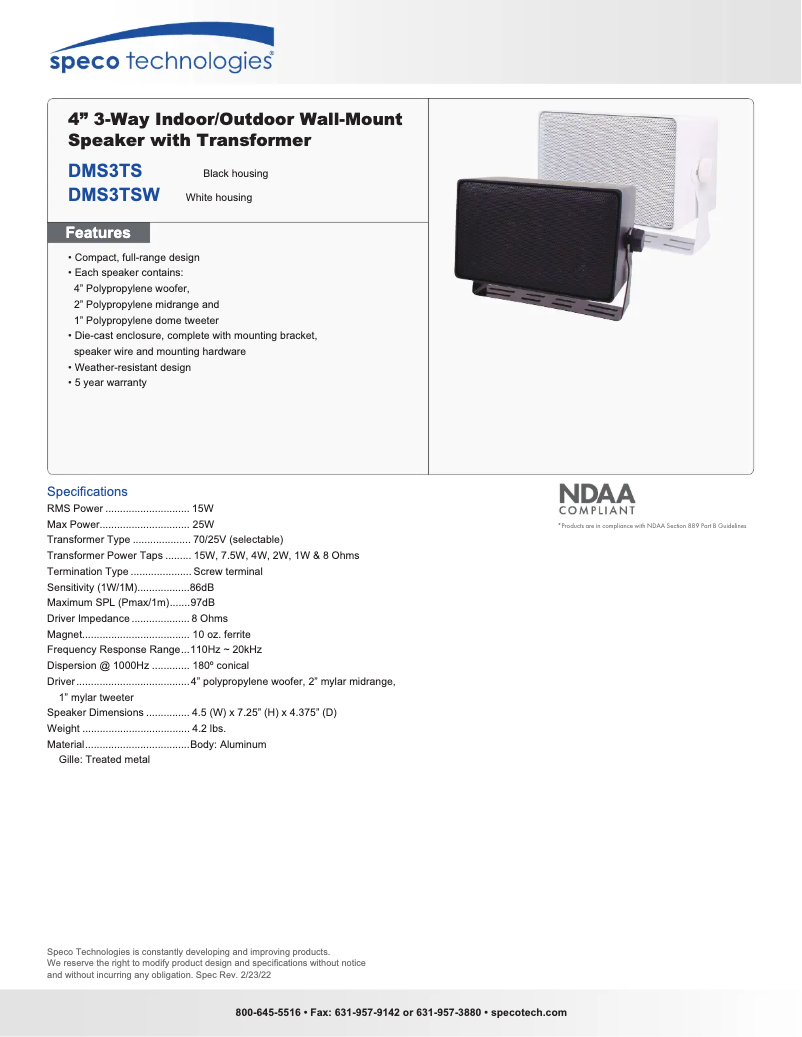 Page 1 de la notice Fiche technique Speco Technologies DMS-3TSW