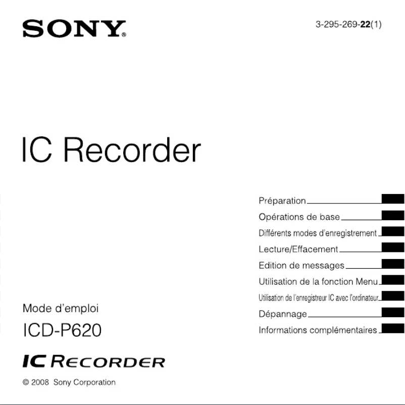 Image de la première page du manuel de l'appareil ICD-P620