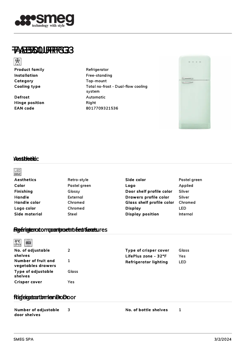Page n°1 - Fiche technique Smeg FAB50URPG3