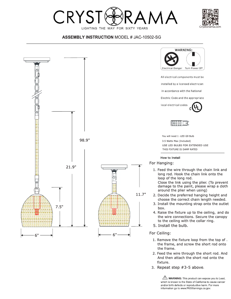Page 1 de la notice Manuel utilisateur Crystorama Jace JAC-10502-SG