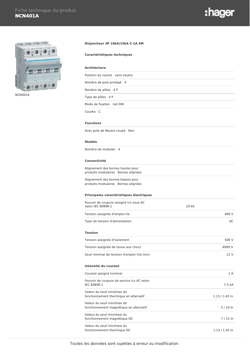 Page 1 de la notice Manuel utilisateur Hager NCN401A