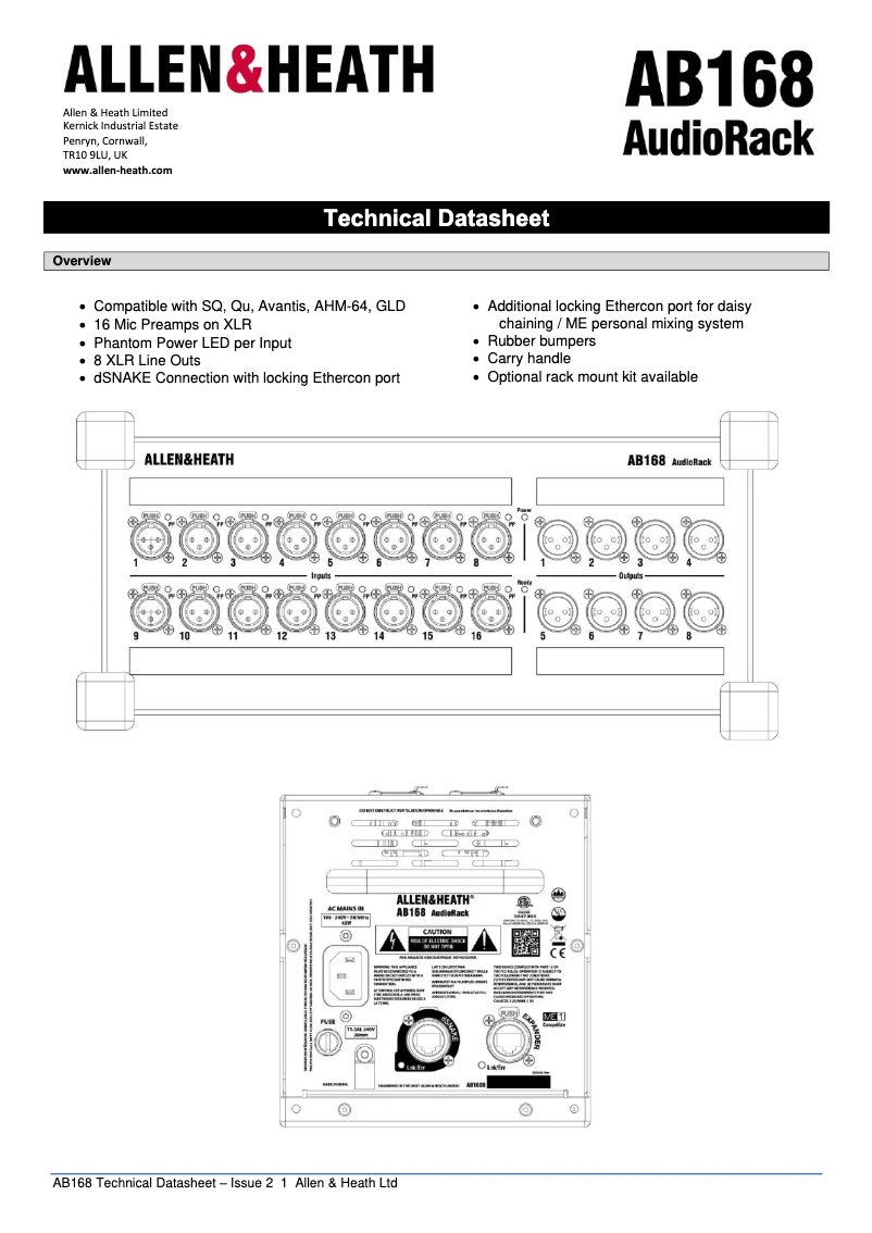 Page n°1 - Fiche technique Allen & Heath AB168
