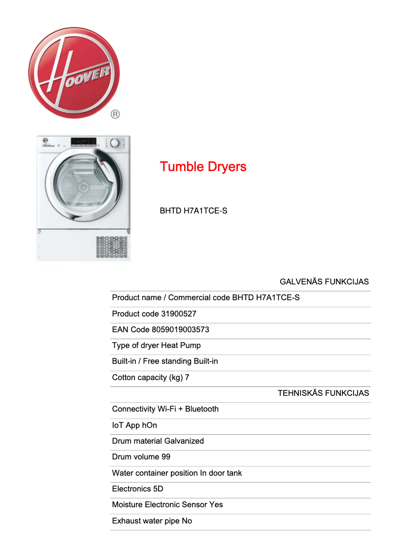 Page 1 de la notice Fiche technique Hoover BHTD H7A1TCE-S