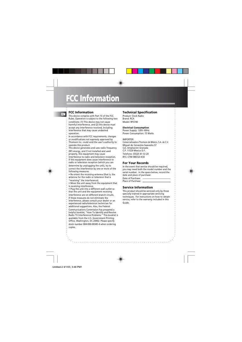 Page n°1 - Manuel utilisateur RCA RP3740
