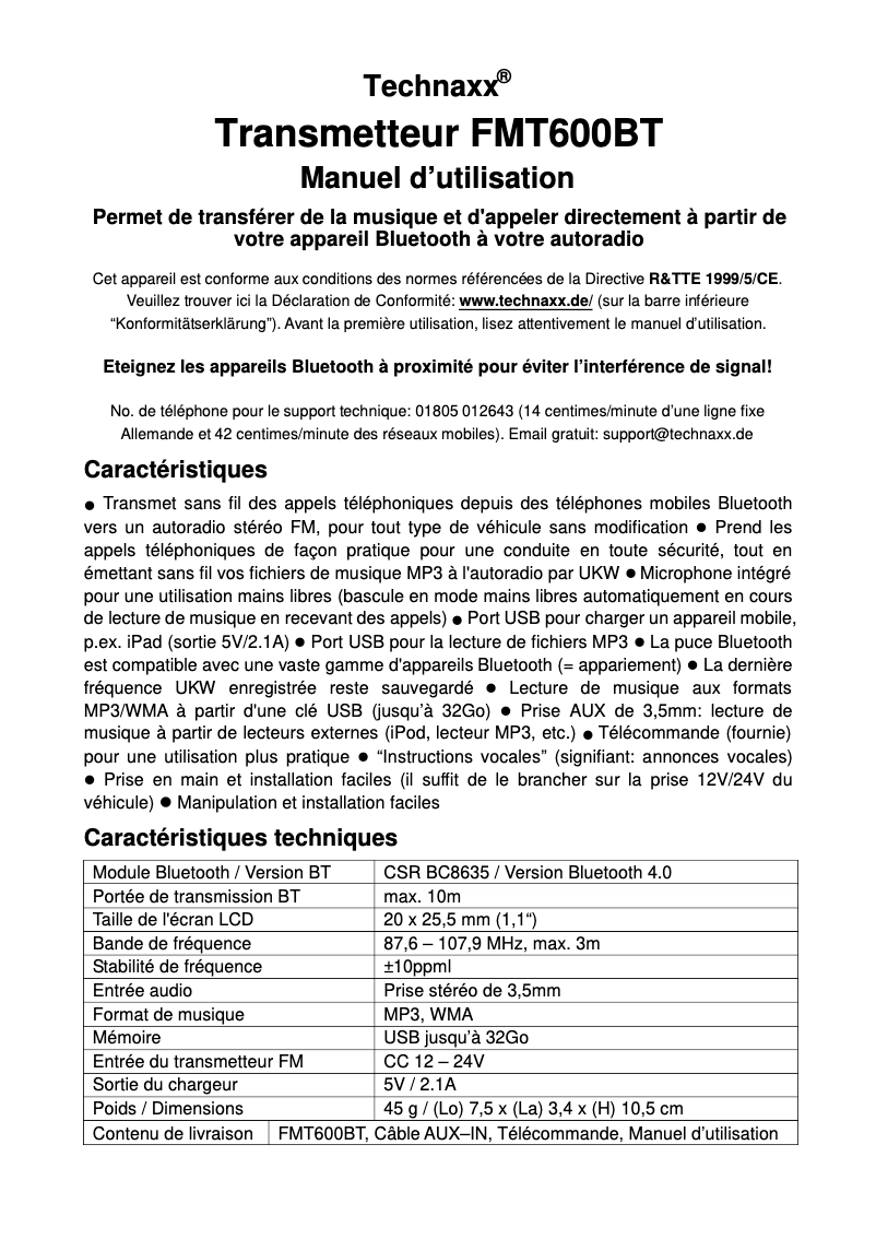 Page 1 de la notice Manuel utilisateur Technaxx FMT600BT
