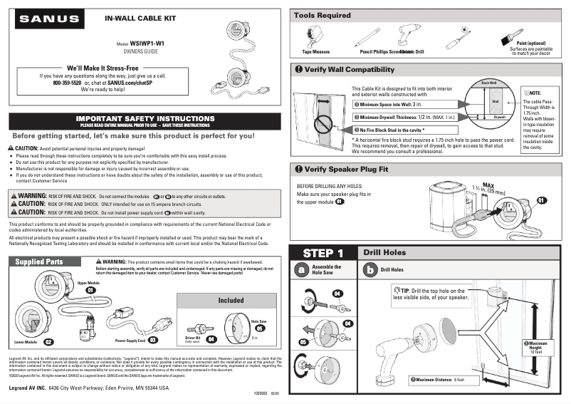 Page 1 de la notice Manuel utilisateur Sanus WSIWP1-W1