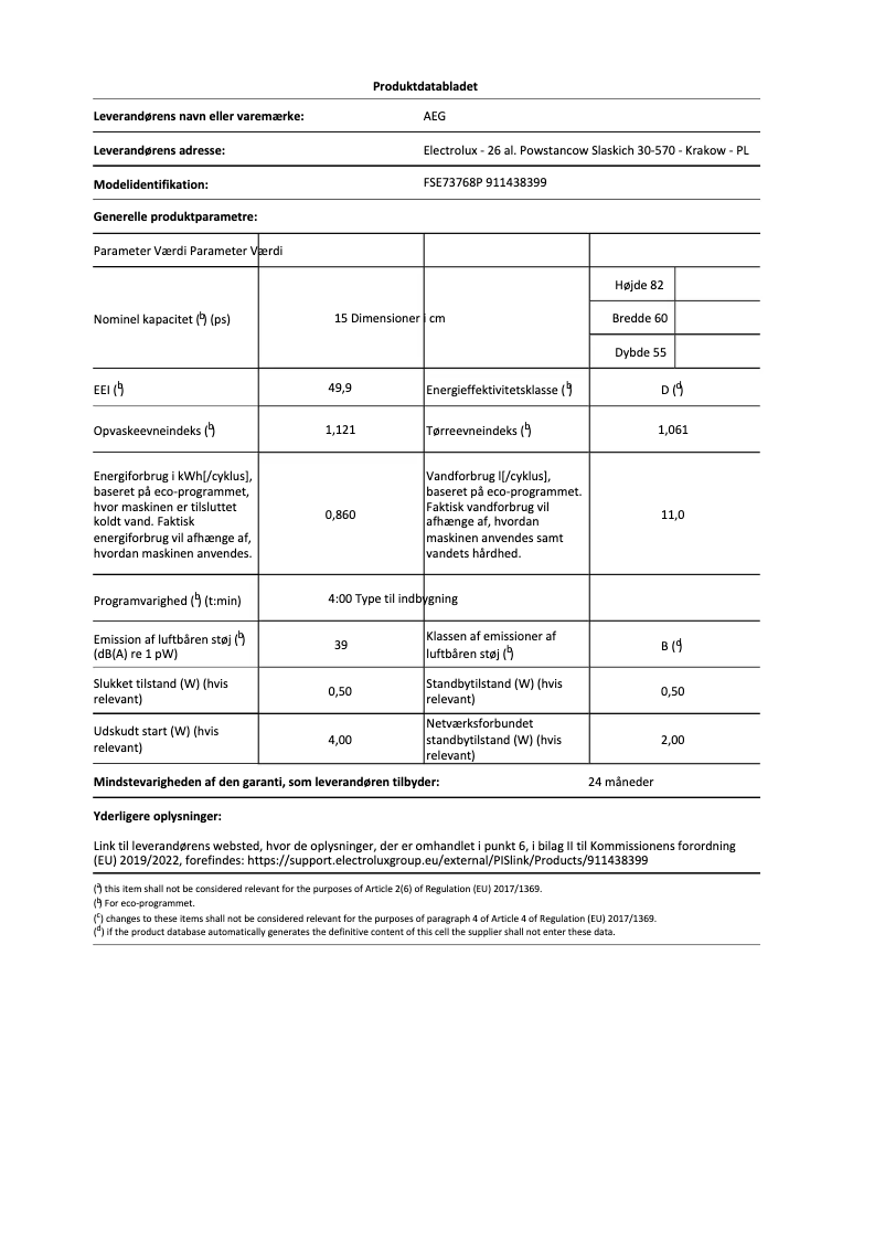 Page 1 de la notice Fiche technique AEG FSE73768P