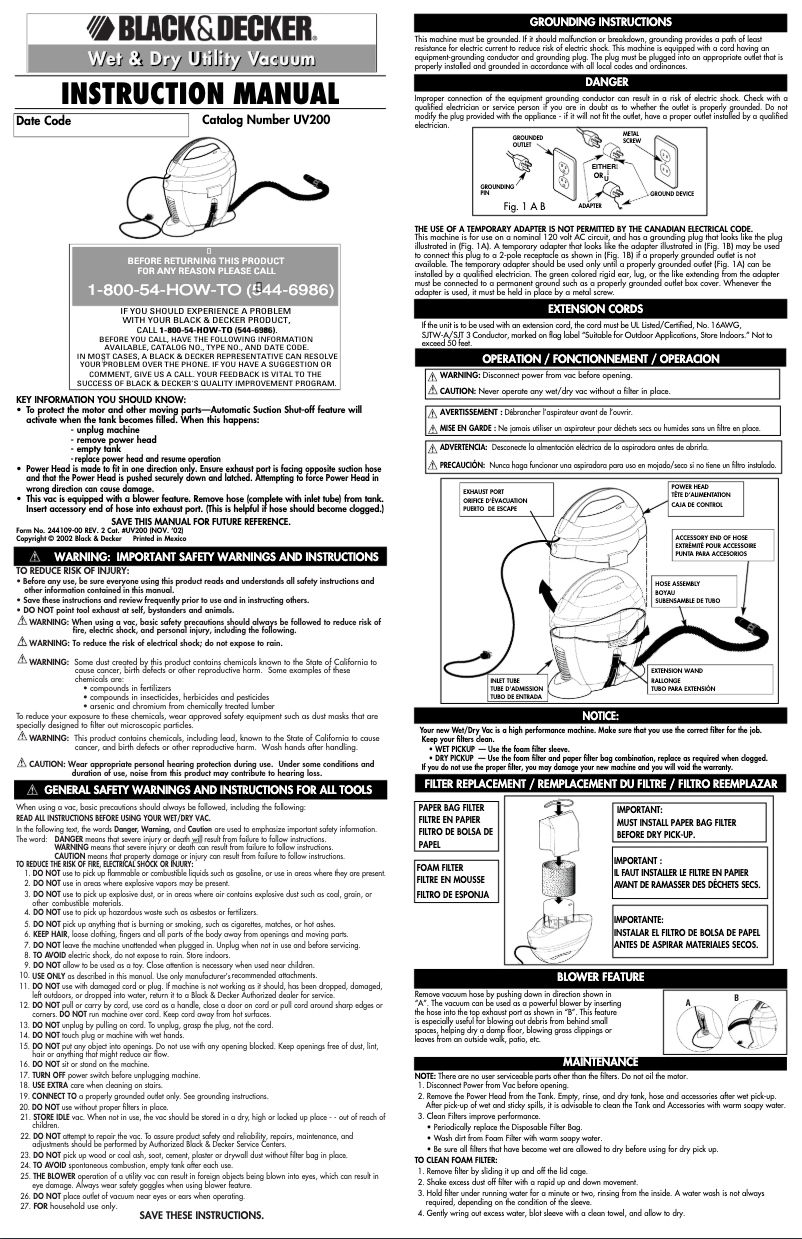 Page 1 de la notice Manuel utilisateur Black & Decker UV200