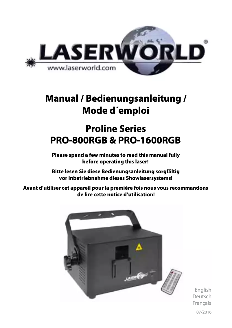 Image de la première page du manuel de l'appareil PRO-1600RGB