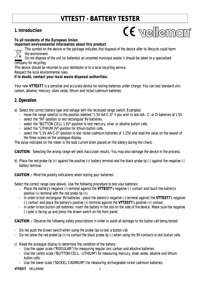 Page 1 de la notice Manuel utilisateur Velleman VTTEST 7