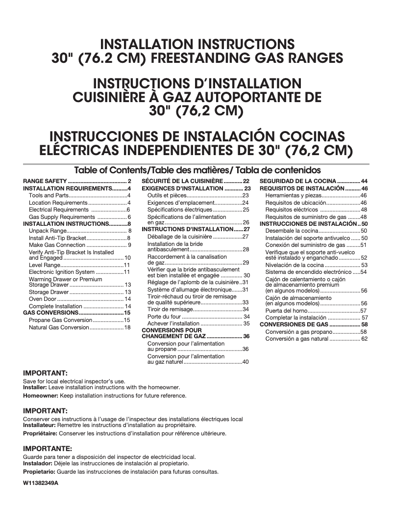 Page 1 de la notice Guide d'installation Whirlpool WFG515S0JS