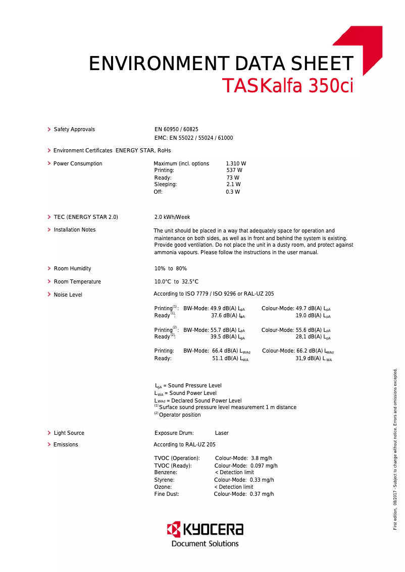 Page 1 de la notice Fiche technique Kyocera TASKalfa 350ci