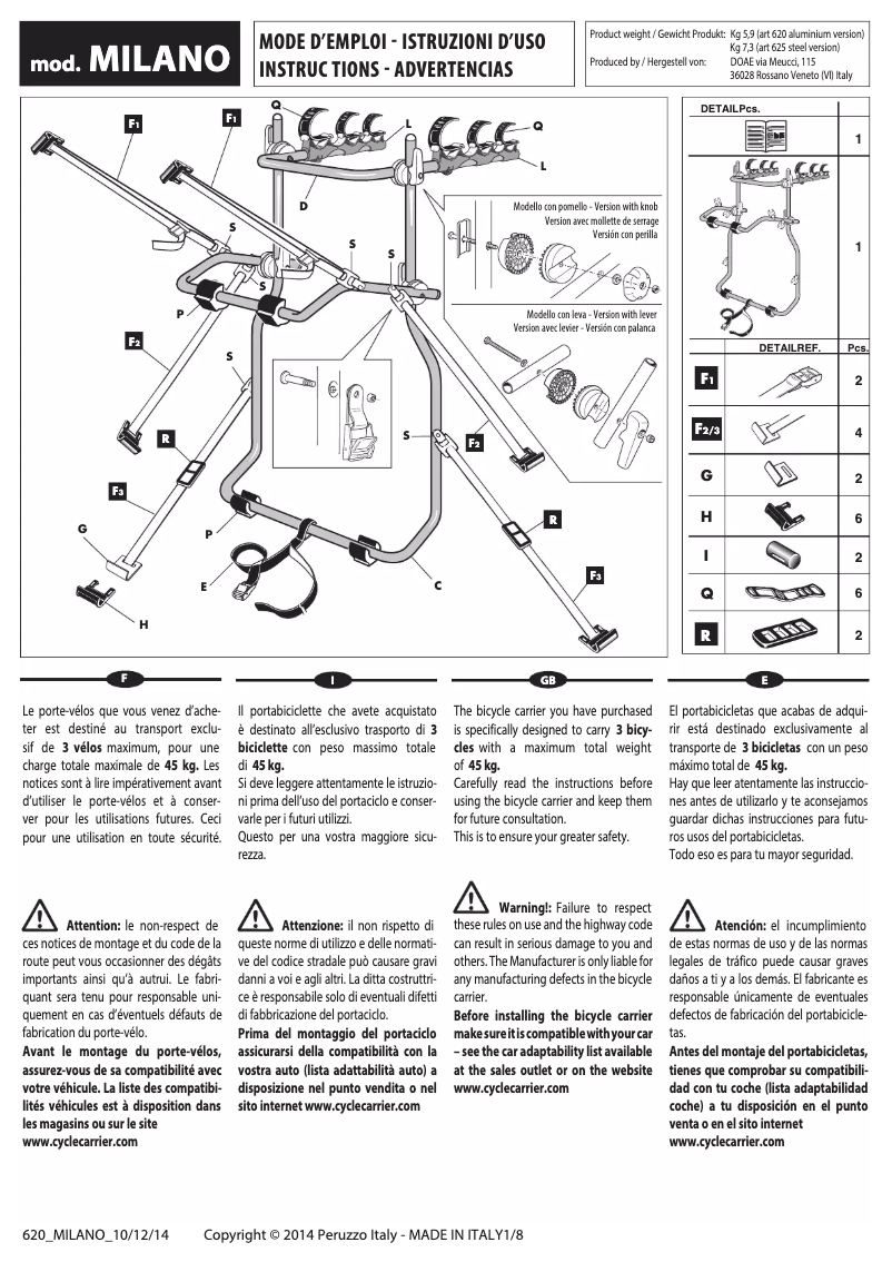 Image de la première page du manuel de l'appareil Milano