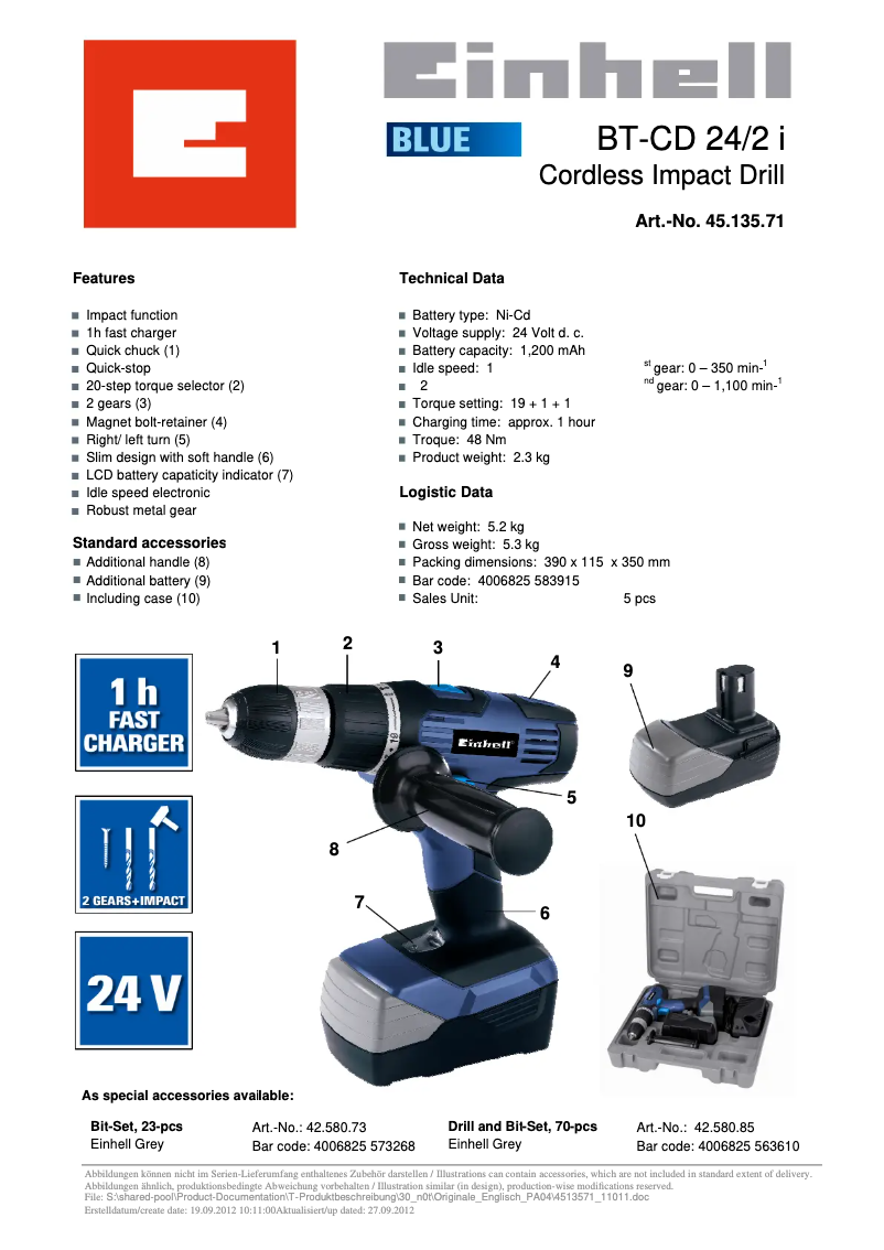 Page n°1 - Fiche technique Einhell BT-CD 24/1 i
