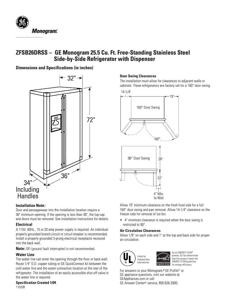 Page 1 de la notice Fiche technique GE ZFSB26DRSS