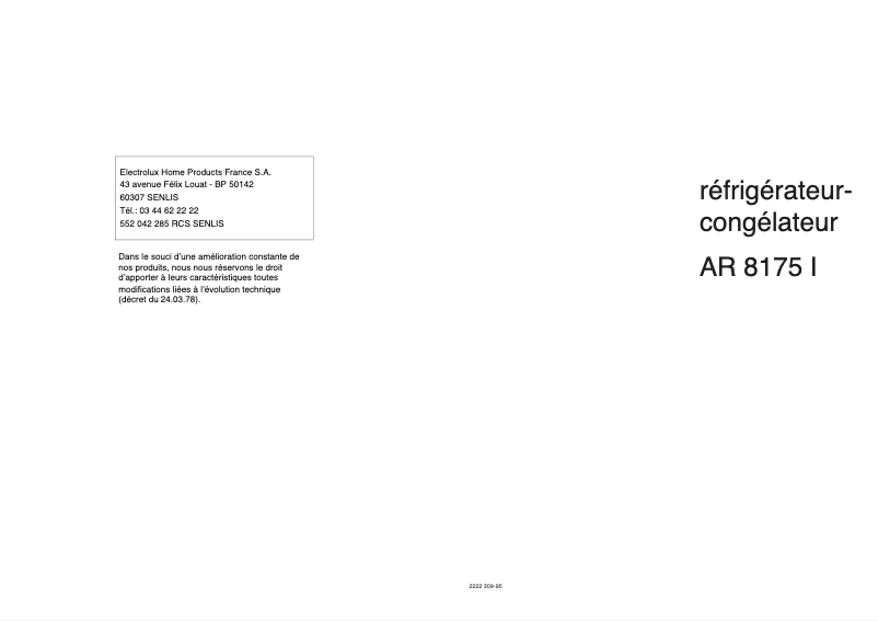 Page 1 de la notice Manuel utilisateur Arthur Martin-Electrolux AR8175I