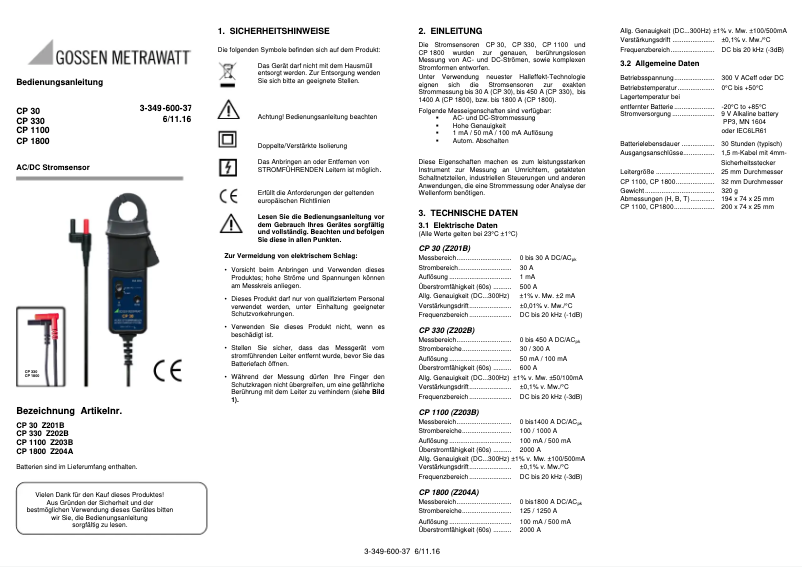 Page 1 de la notice Manuel utilisateur Gossen Metrawatt CP30