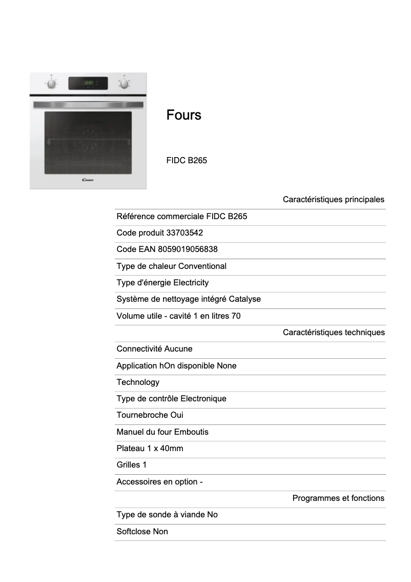 Page 1 de la notice Fiche technique Candy FIDC B265