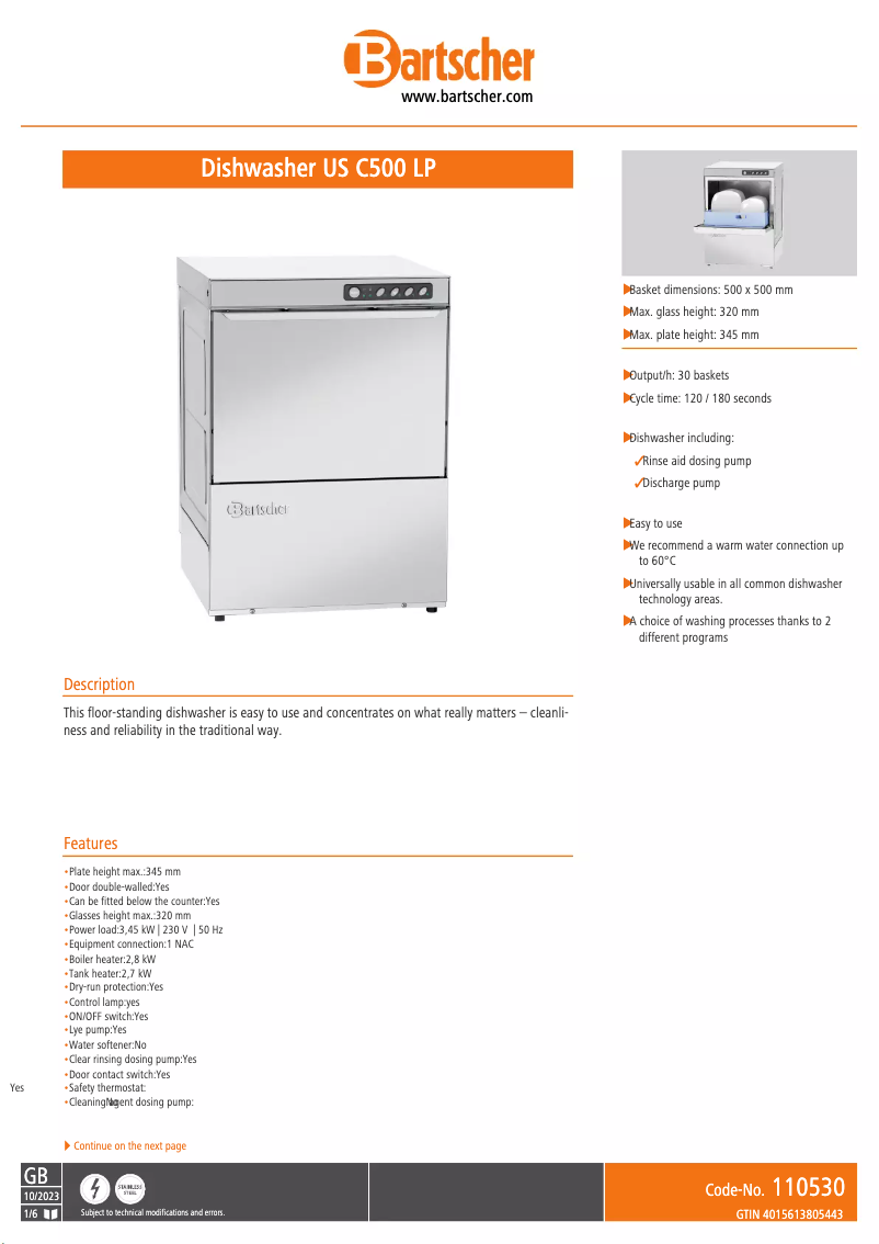 Page 1 de la notice Fiche technique Bartscher US C500 LP