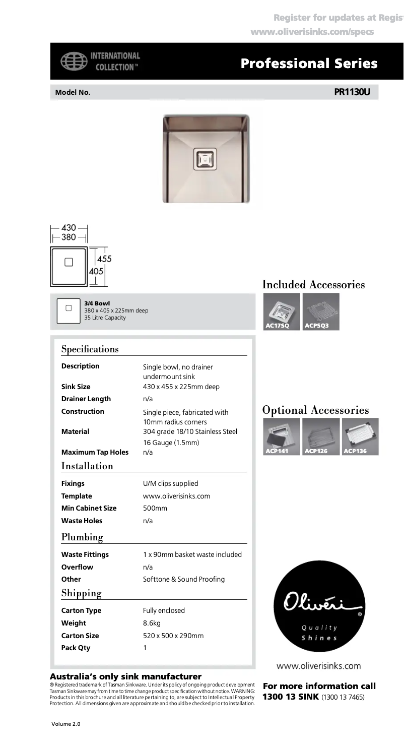 Page n°1 - Fiche technique Oliveri PR1130U