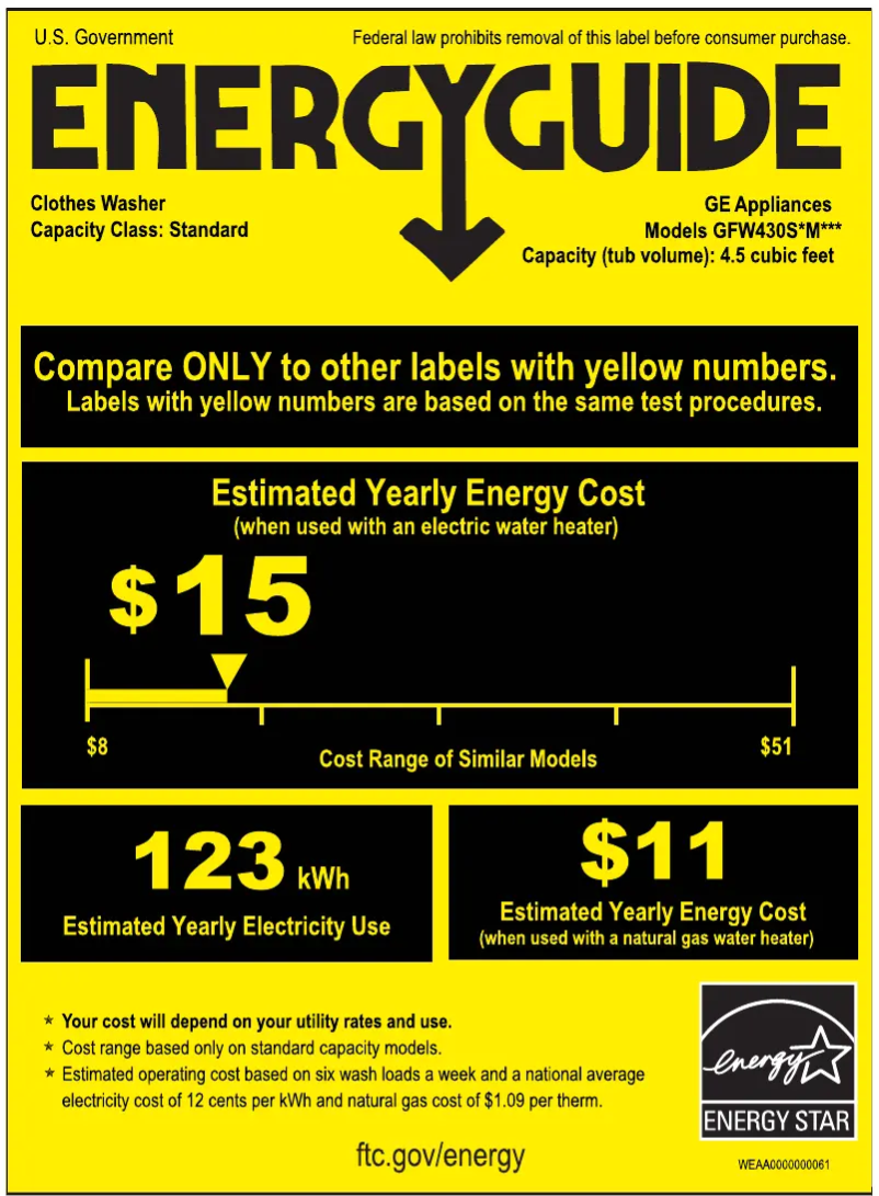 Page 1 de la notice Label énergétique GE GFW430SSMWW