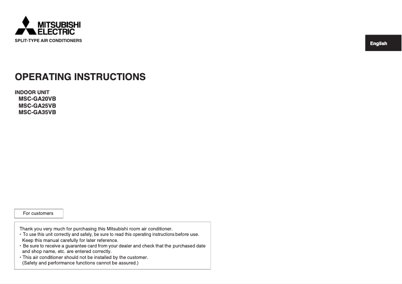 Page 1 de la notice Manuel utilisateur Mitsubishi MSC-GA35VB
