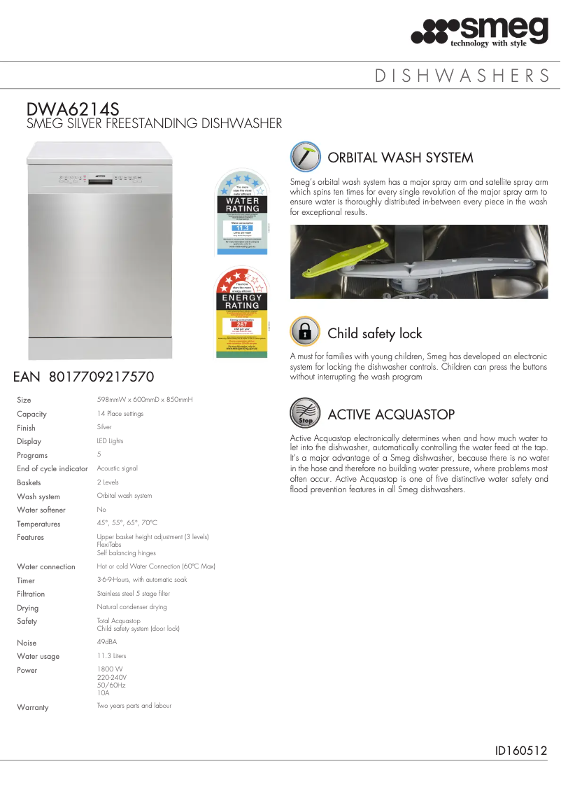 Page 1 de la notice Fiche technique Smeg DWA6214S
