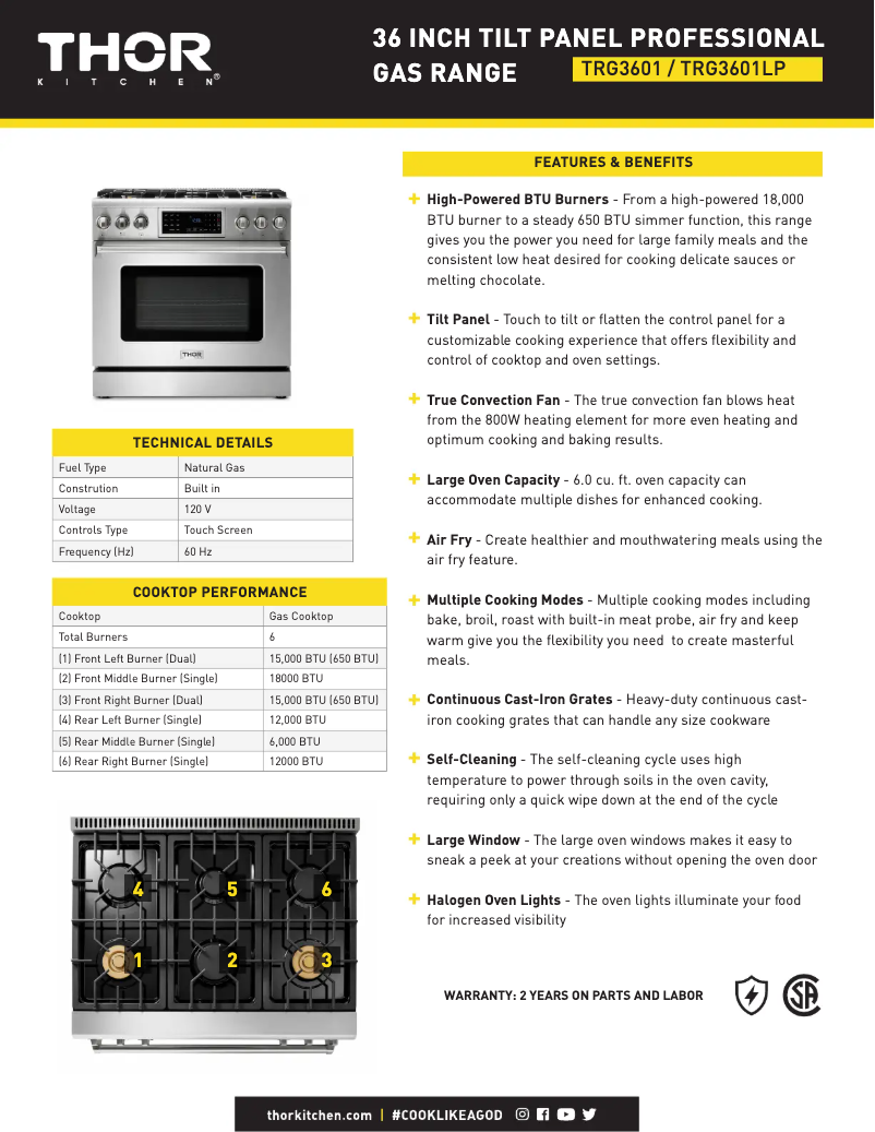 Page 1 de la notice Fiche technique Thor TRG3601LP