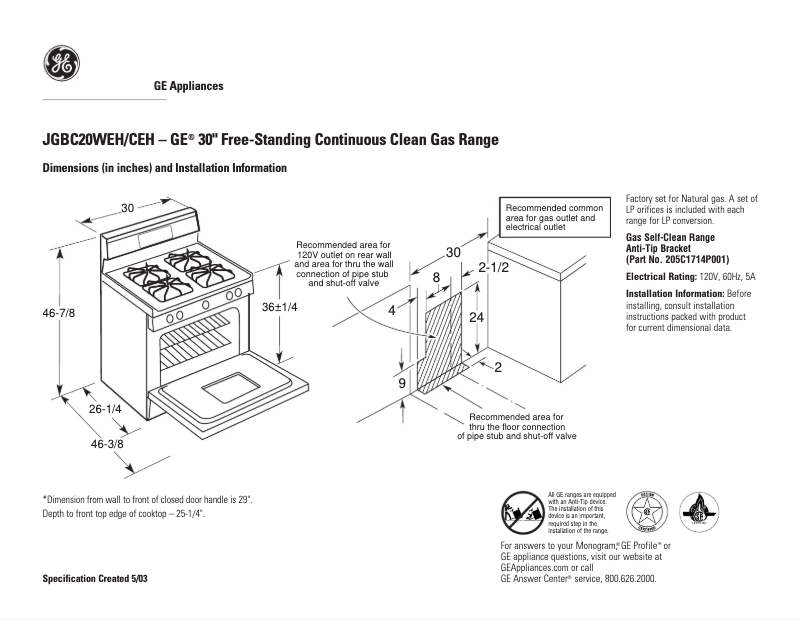 Page n°1 - Fiche technique GE JGBC20WEHWW