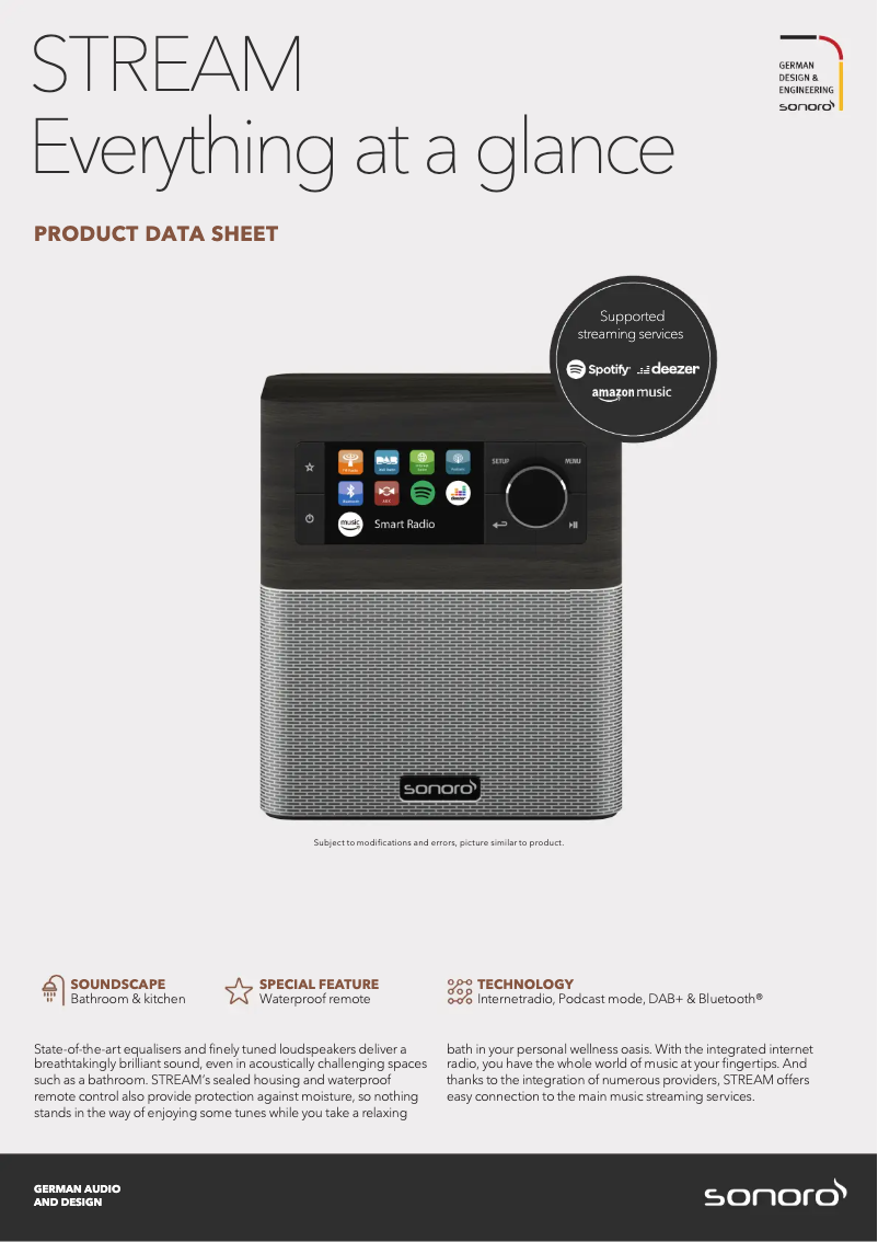 Page 1 de la notice Fiche technique Sonoro Stream SO-410