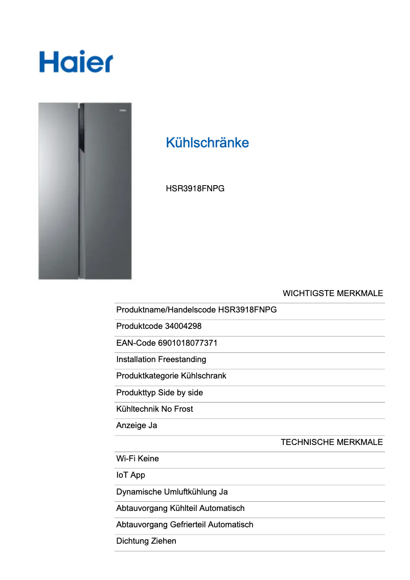Page n°1 - Label énergétique Haier HSR3918FNPG