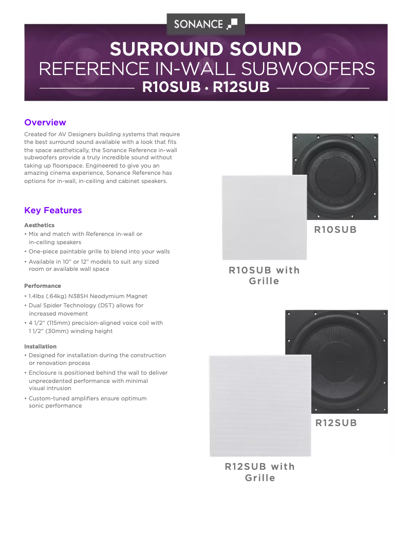 Page 1 de la notice Fiche technique Sonance Reference R12SUB
