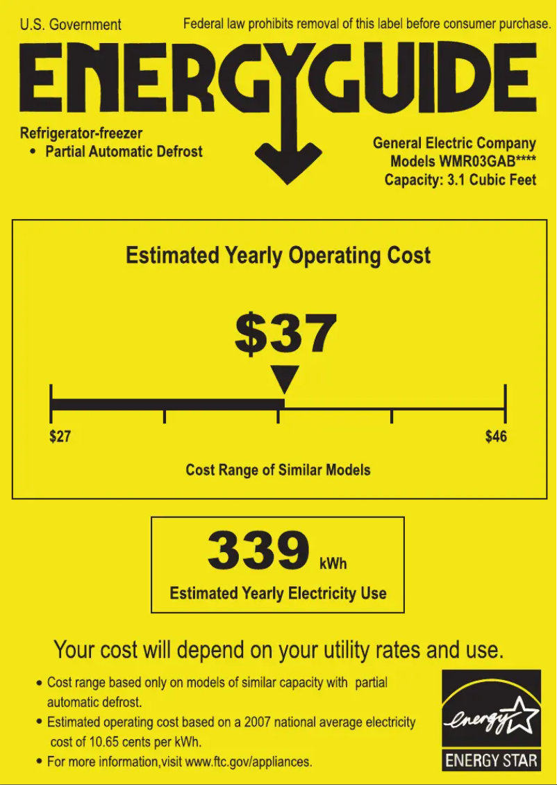 Page 1 de la notice Label énergétique GE WMR03GABBB