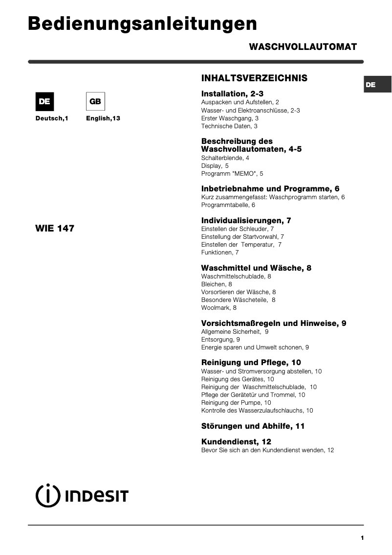 Page 1 de la notice Manuel utilisateur Indesit WIE 147 (DE) (CO)