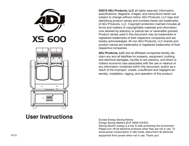 Page n°1 - Manuel utilisateur Adj XS 600