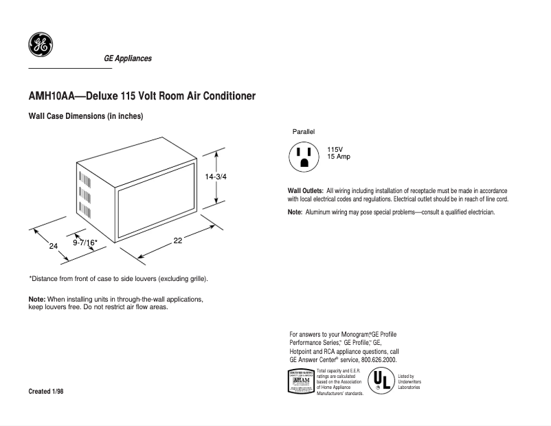 Página 1 del manual Ficha técnica GE AMH10AA
