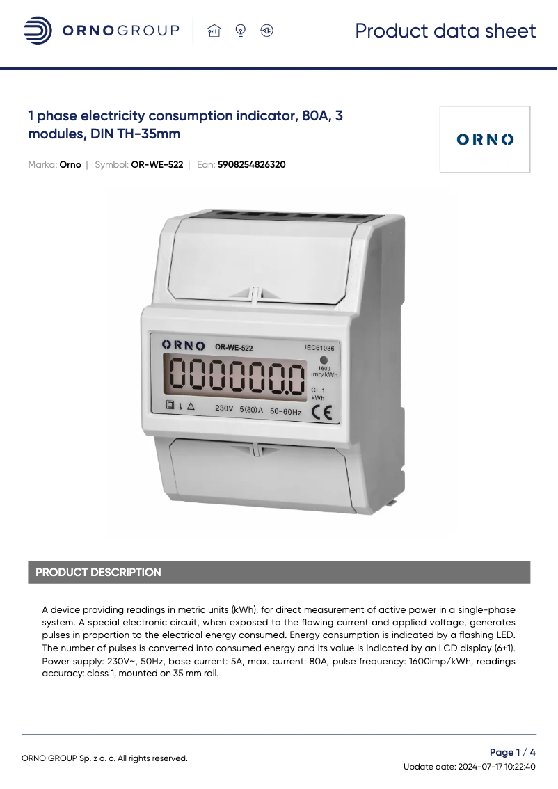 Page 1 of the manual Technical Sheet ORNO OR-WE-522