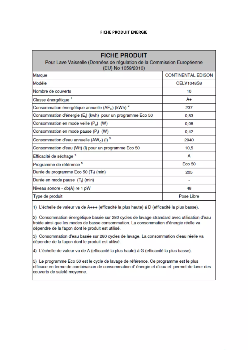 Page 1 de la notice Label énergétique Continental Edison CELV1048W8