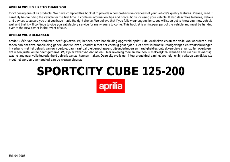 Page 1 de la notice Manuel utilisateur Aprilia Sportcity Cube 125 (2008)