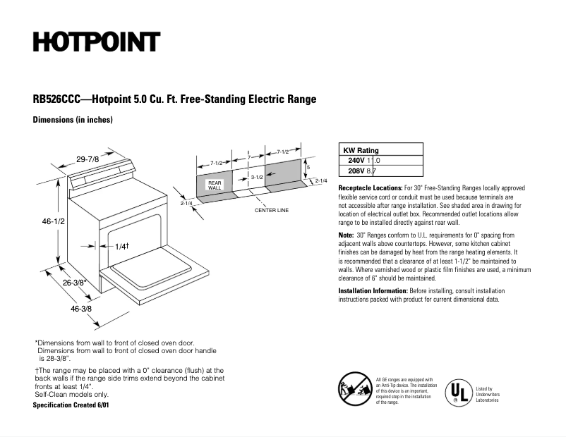 Page n°1 - Fiche technique Hotpoint RB526CCC