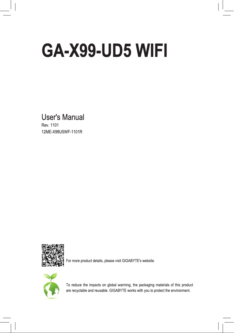 Page 1 de la notice Manuel utilisateur Gigabyte GA-X99-UD5 WIFI